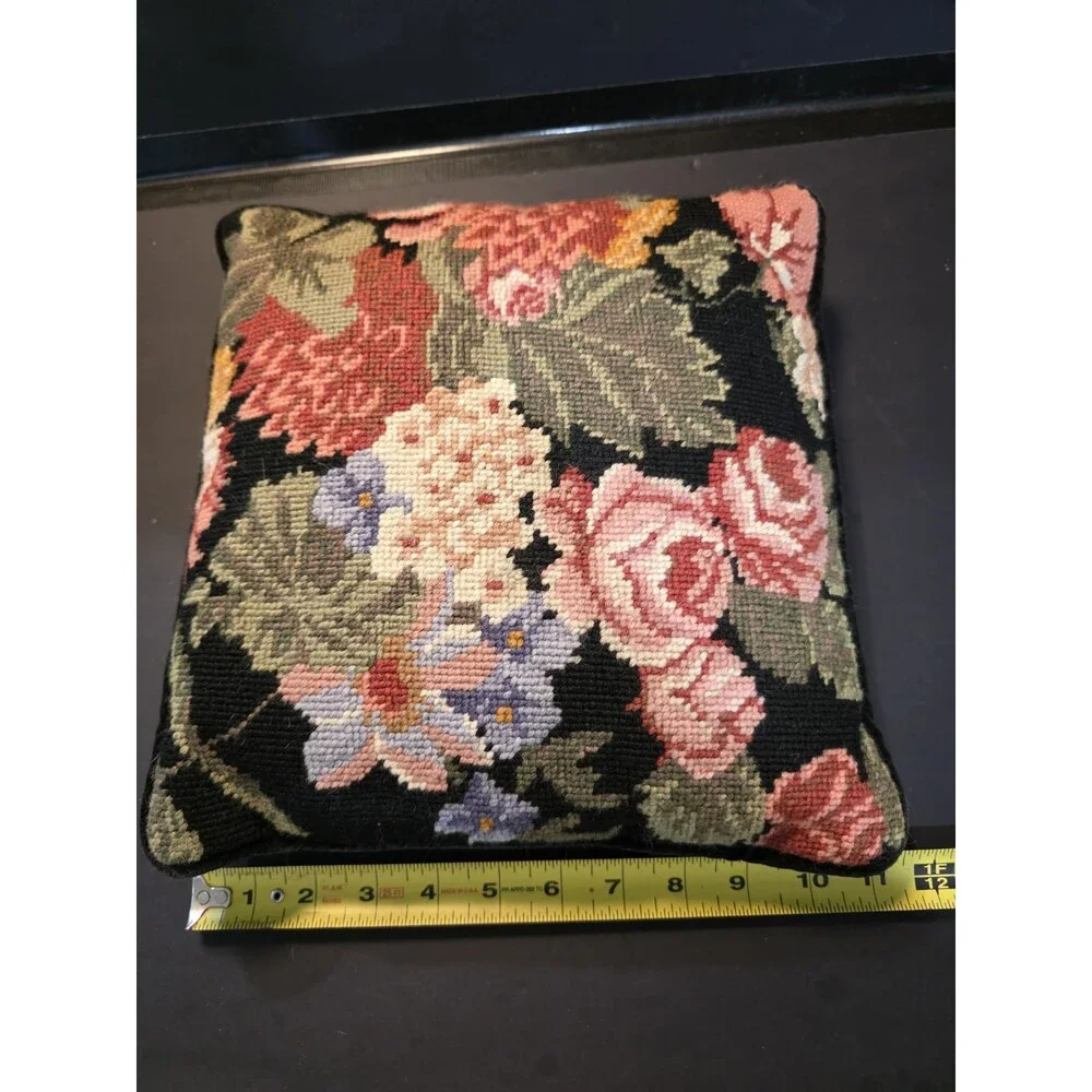 Vintage Needlepoint Small Accent Pillow Dogwood Floral Brown Velvet Back 10x7.5